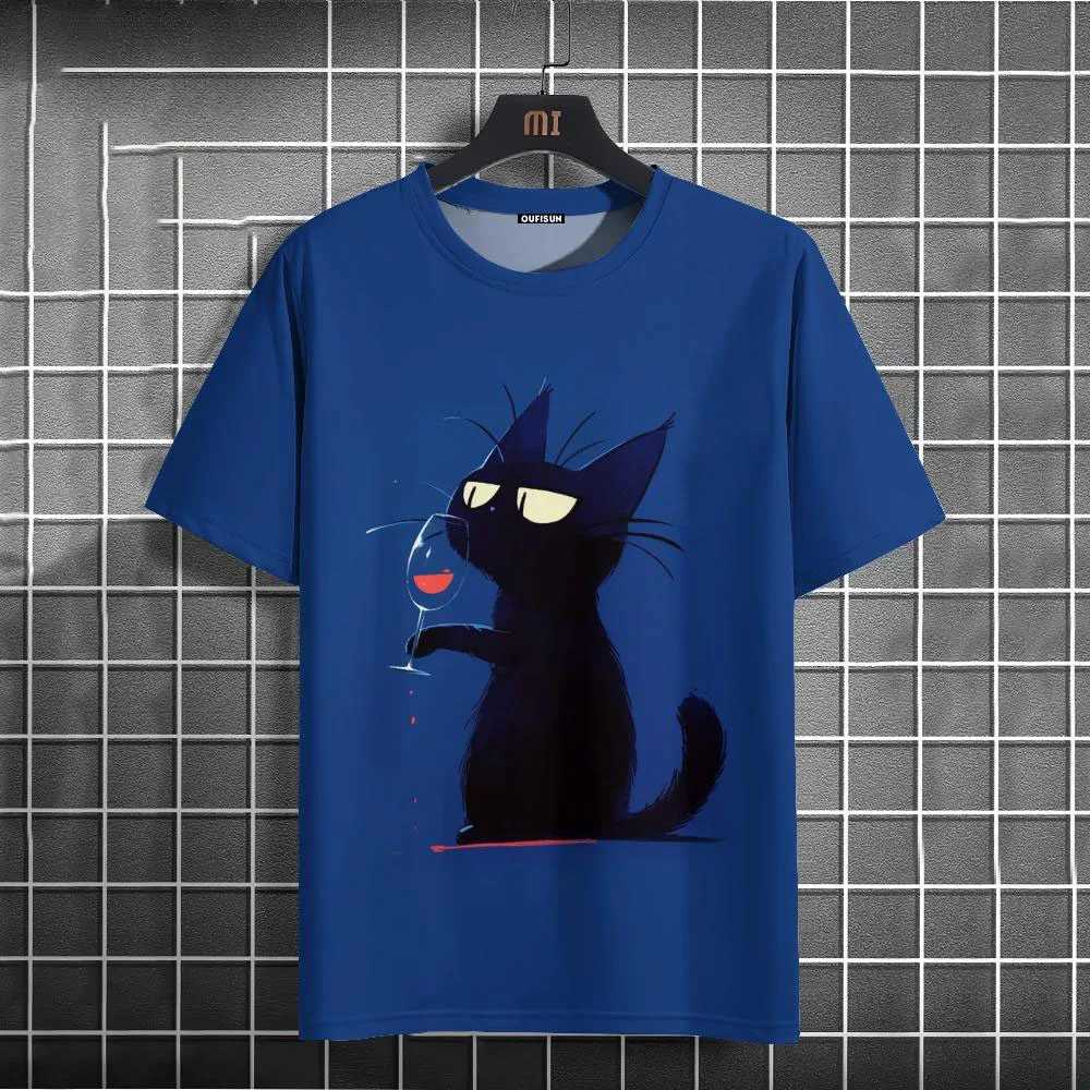 Mens casual T-shirt funny animal black cat short Slve T-shirt summer oversized T-shirt hip-hop sportswear mens clothing top W241026