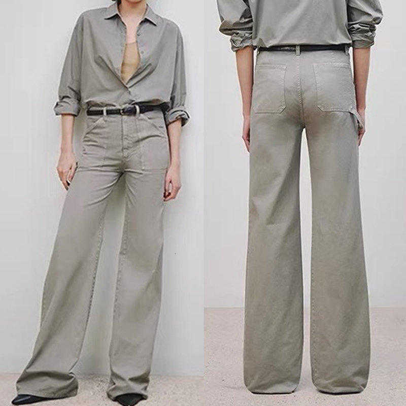 Women Grey Green Jeans Casual Micro Horn Denim Cargo Pants
