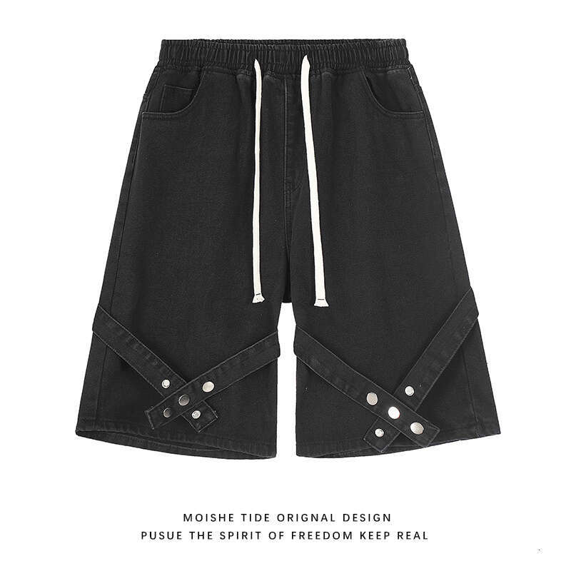 shanshi men shorts American washed distressed patchwork denim shorts for men and women loose straight leg five quarter pants