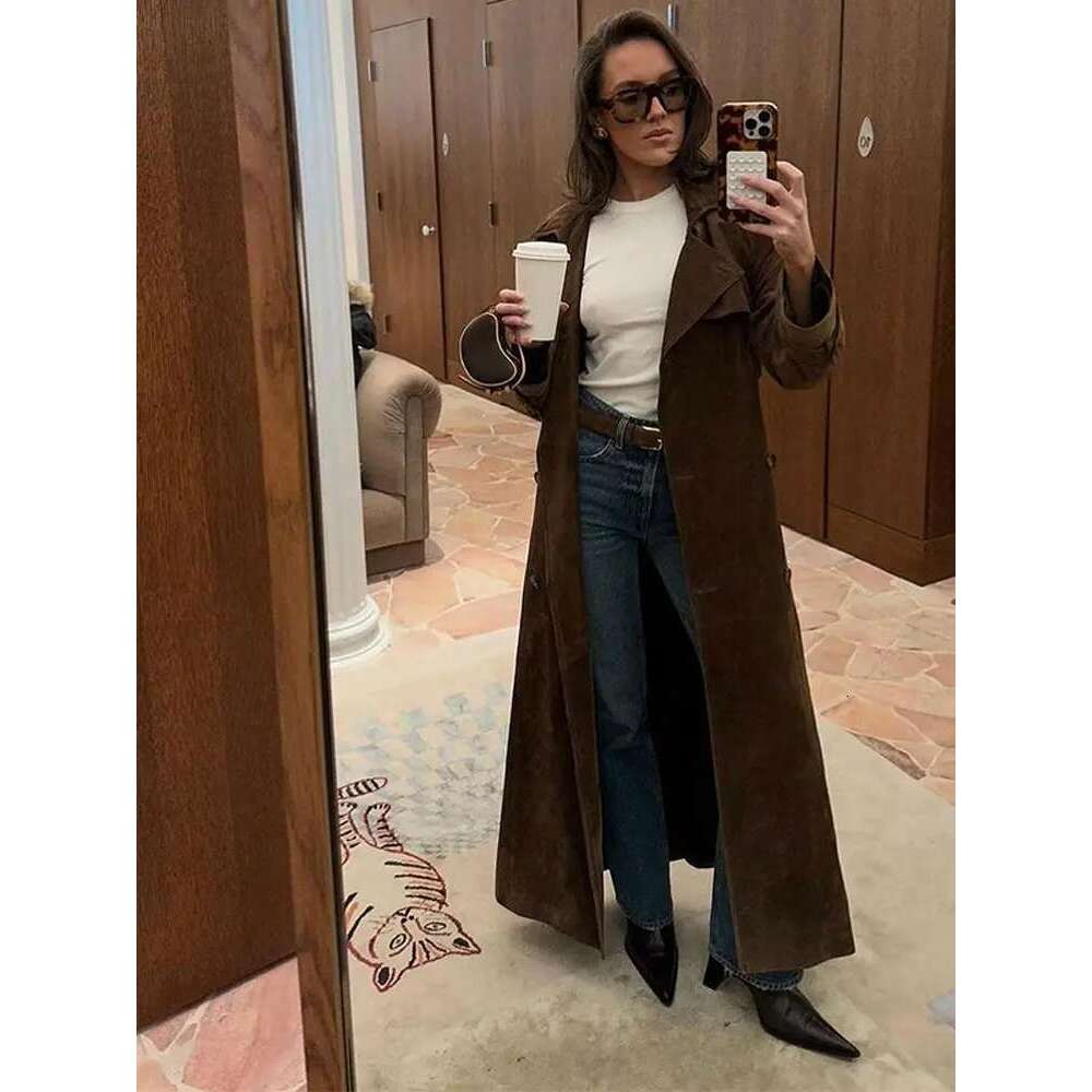 Women Khaki Faux Leather Long Coat With Belt Fashion Double-Breasted Lapel Oversize Overcoat Autumn Female High Street Outwear