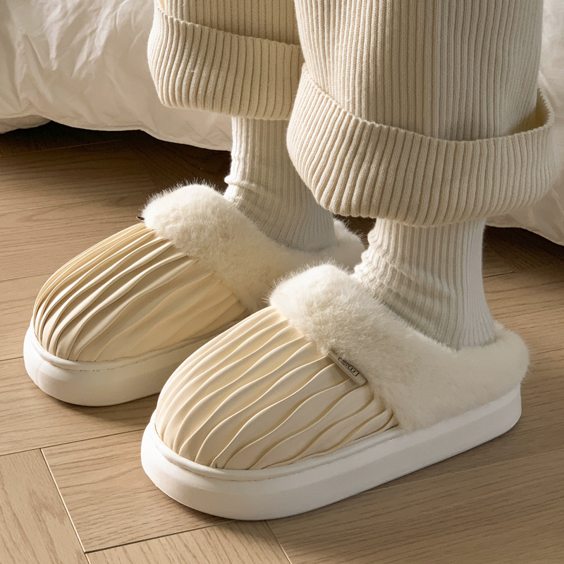 Cozy 2024 Women's Cotton Slippers: Veet-ed, Warm, Height Boosting, PU Leather, for Indoor Winter Wear b8d6