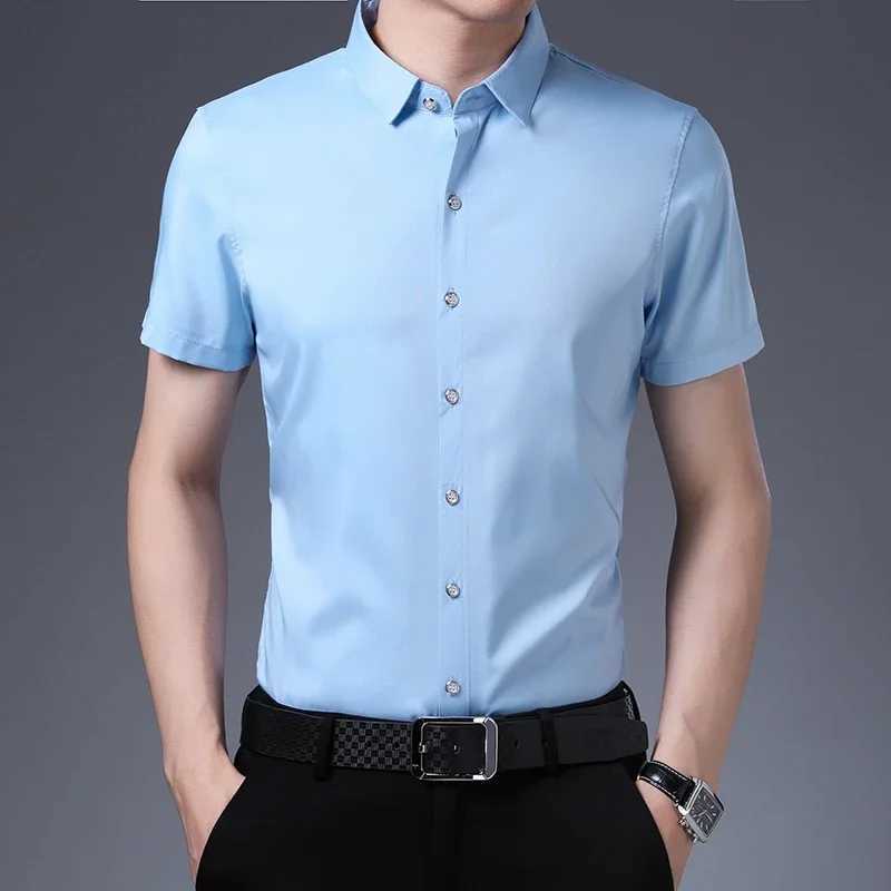 Mens business casual solid color short sleeved shirt uncomfortable top W241026