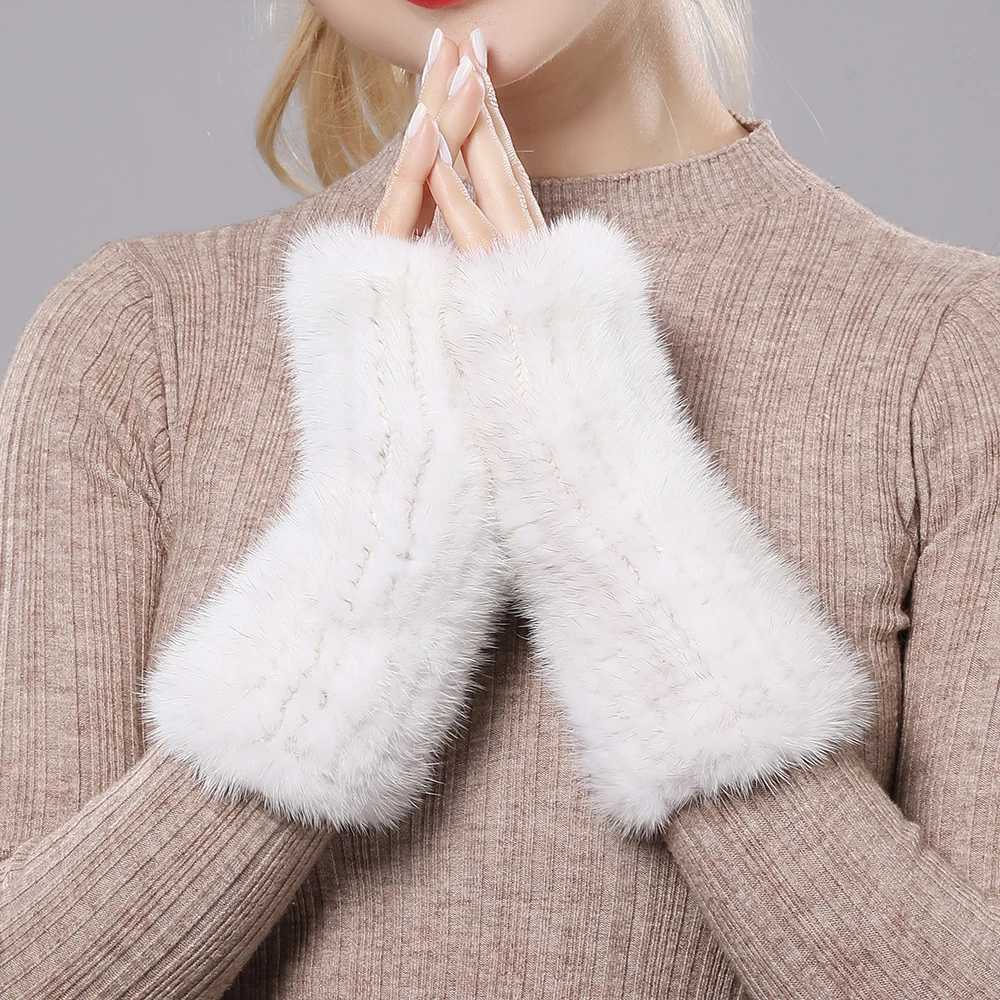 New Womens% Genuine Knitted Mink Gloves for Winter Warmth La Genuine Fur Fingers Gs Handmade Knitted Mink Gloves W241026