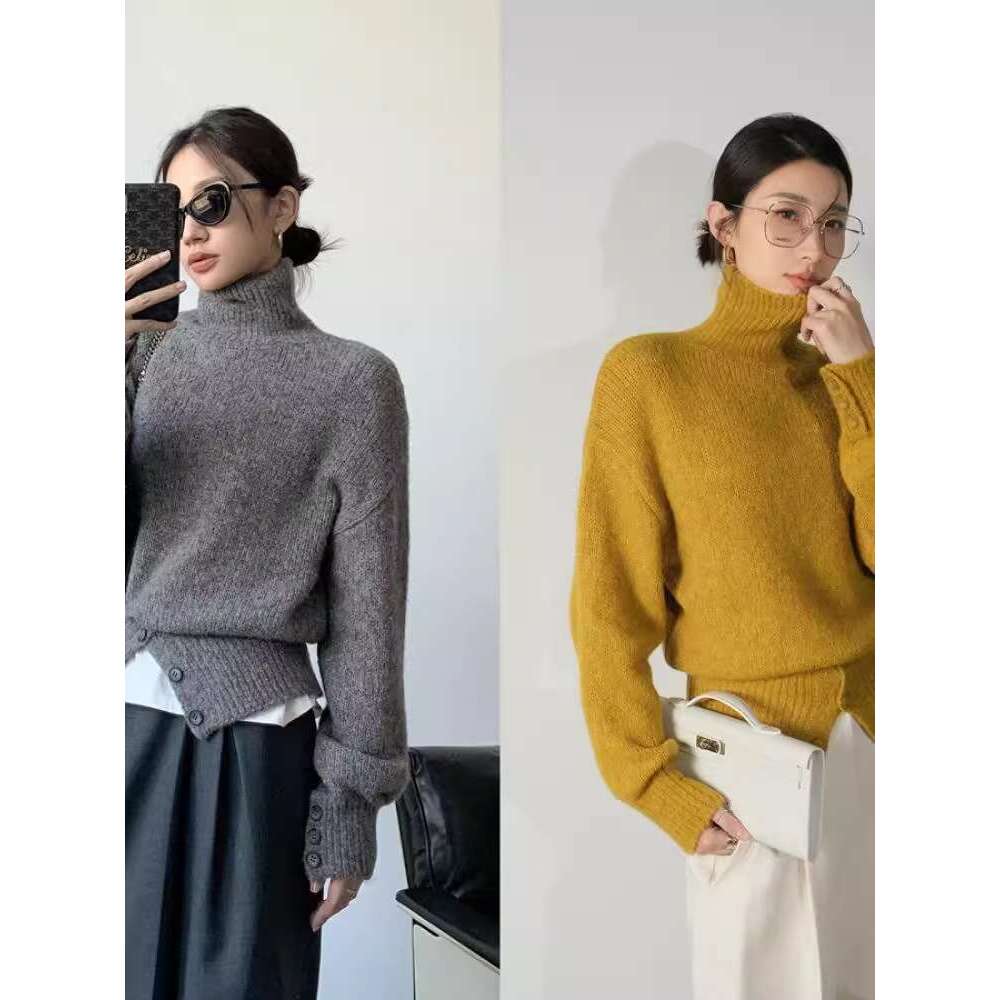 Grey High Neck Knitted Top With Women's Autumn Winter Button Design, Loose Lazy Soft And Sticky Sweater