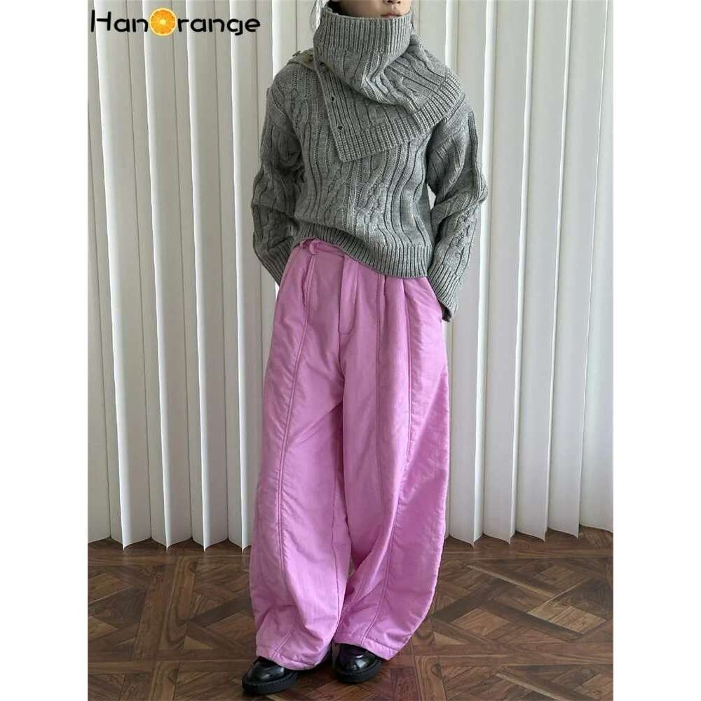 Hanorange 2024 Autumn Winter Simple Cotton Padded Pleated Pants Women Fluffy Silhouette Warm Nylon Trousers White/Pink
