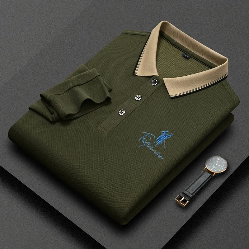 Mens Casual Embroidery Long Sleeve Polo Shirt Fashion Solid Color Top y241025