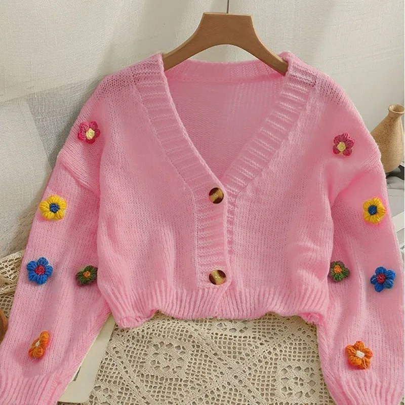Sweet Cute Flower Sweater Cardigan Women Fall Winter Cropped Vneck Knitted Cardigans Female Long Sleeve Singlebreasted 241025