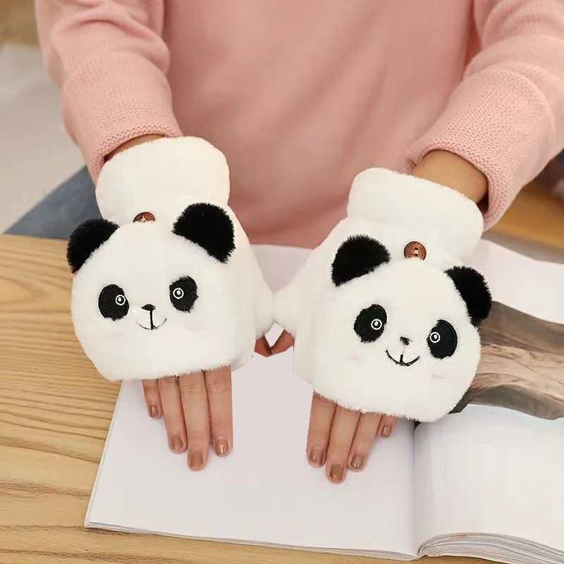 Fashionable womens plush warm G fur cat gloves with lapel fingers G soft girl thick flexible half finger winter Gs W241026