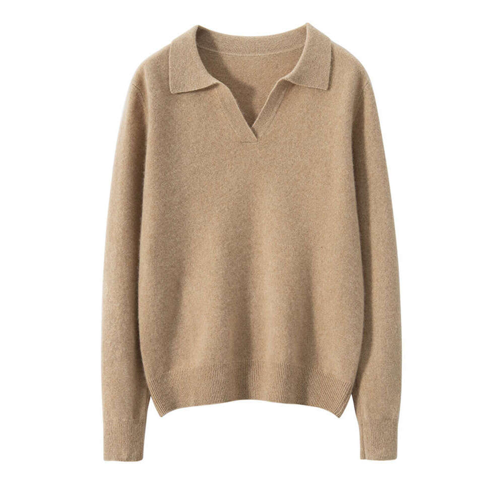 New Fashion Women's POLO V-Neck Pullover Autumn Winter 100% Cashmere Knitwear Soft Warm Solid Sweater Shirt