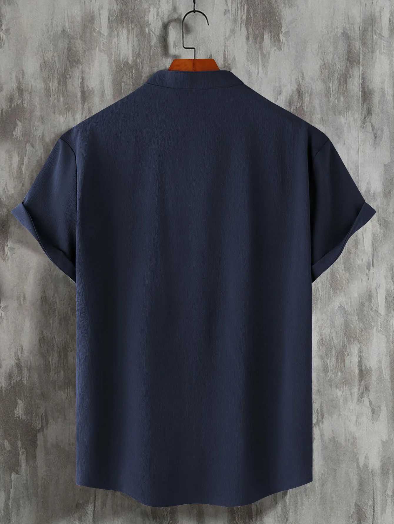 Casual solid color mens short neck shirt summer outdoor mens button up shirt mens gift W241026