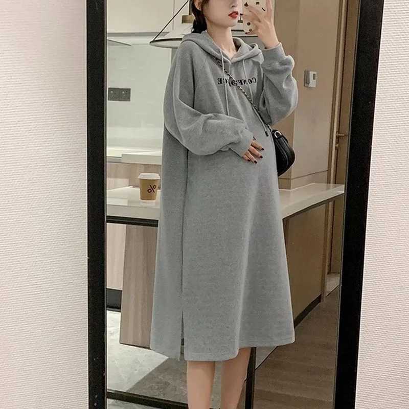 Pregnant Dress Autumn/Winter Pregnant Sweater Hoodie Shoulder Strap Zipper Side Split Pregnant Hoodie Long Sweater W241026