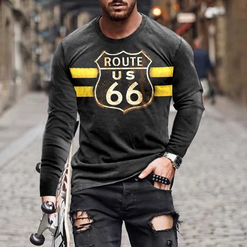Retro Route 66 3D Printing Autumn Mens O-neck T-shirt Casual Long Sleeve Oversized T-shirt Fashion Zipper Mens Clothing W241026