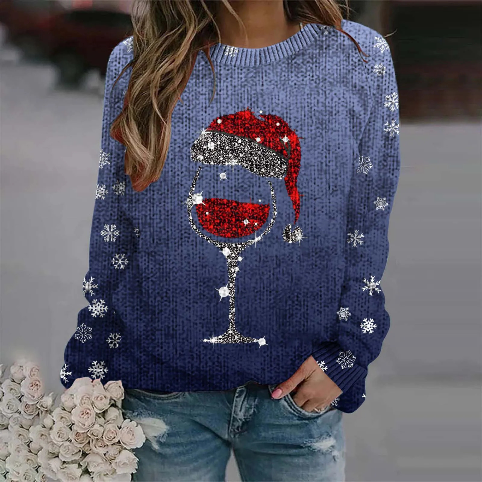 Autumn Christmas wine glass pattern womens sweater thick snowflake print sweater Christmas gradient color latte knit sweater 241025