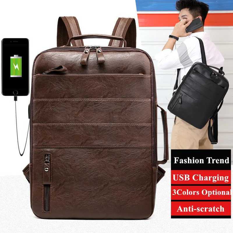 Business Backpacks For Men Waterproof PU Leather Laptop Bag Large Capacity USB Charging Rucksack Male Fi Travel Bagpack sacXJ241026