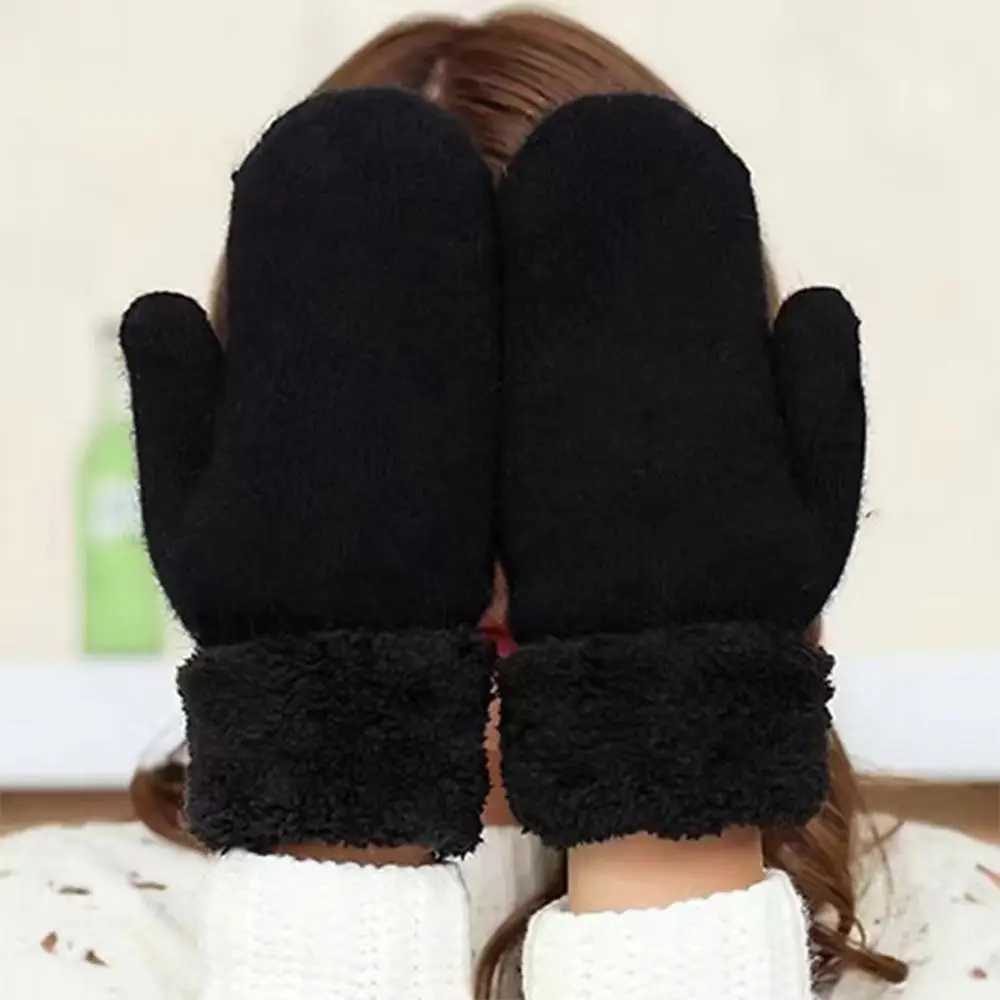 Solid color womens wool cashmere knitted warm cotton womens winter with velvet thick double-layer plush full finger drive Gs W241026