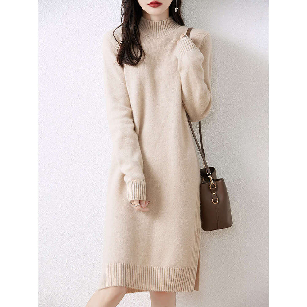 Hot Selg New 100% Merino Wool Knitted Autumn Winter Thick Mock-Neck Pullover Long Sweater Casual Women's Dress