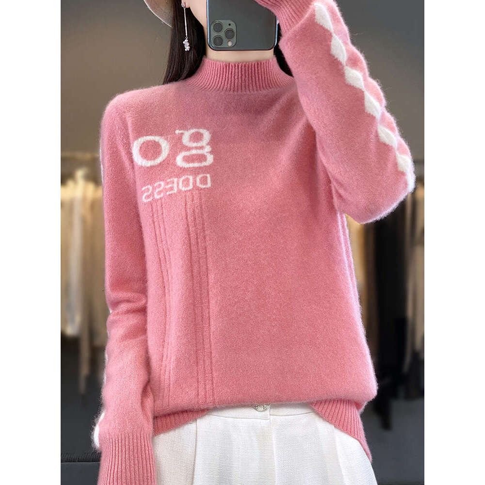 Long Sleeve Autumn Winter Sweater Half-High Collar Pullover 100% Merino Wool High Quality Cashmere Knitwear Korean Fashion Tops