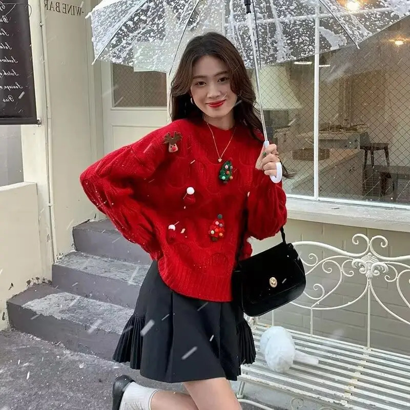Christmas womens clothing red sweater womens top T-shirt sweet autumn winter casual Korean bright thread decoration knitting pull 241025