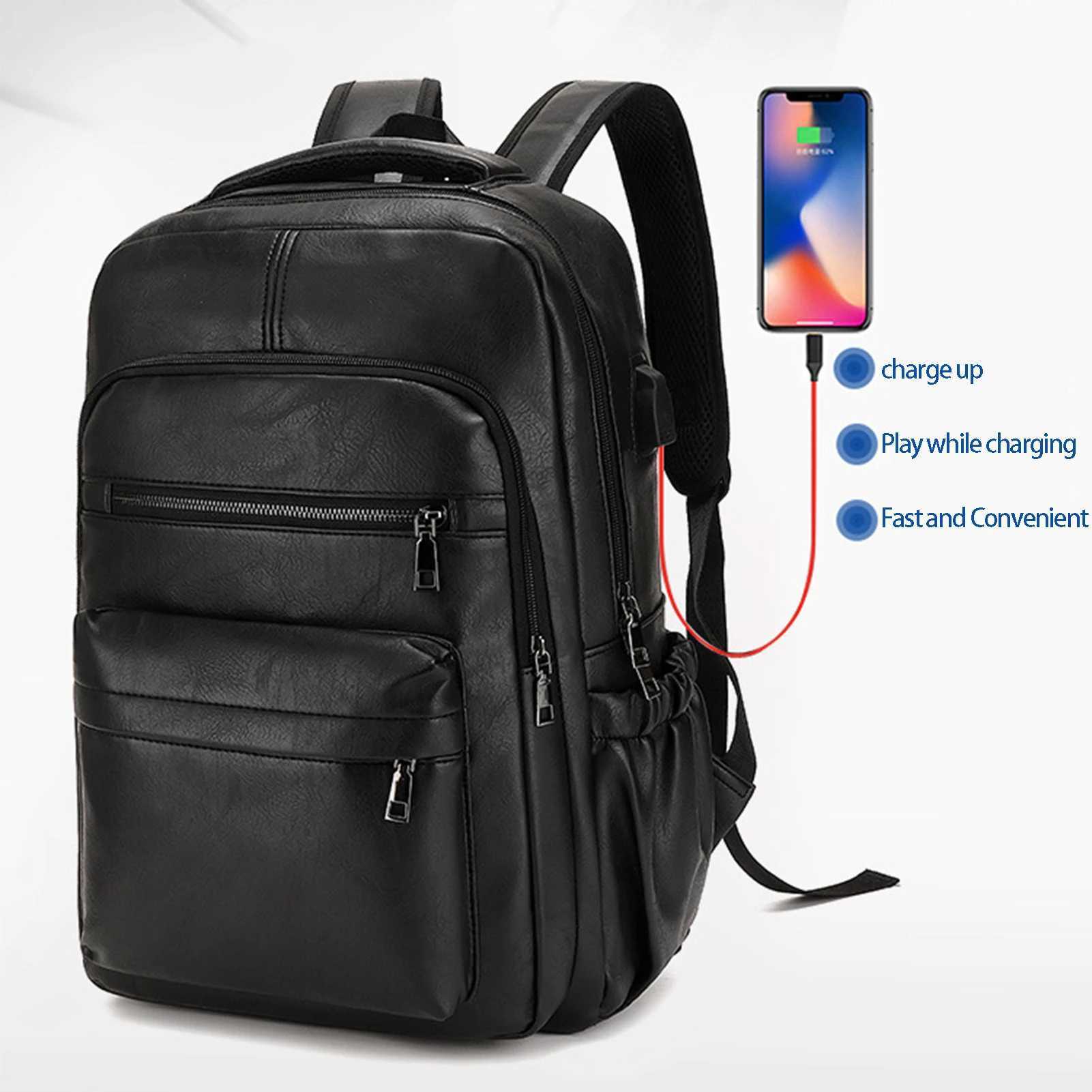Men Business Travel Laptop Backpack Large Capacity Waterproof Scrah-resistant Anti-theft PU Leather Outdoor Computer BackpacksXJ241026