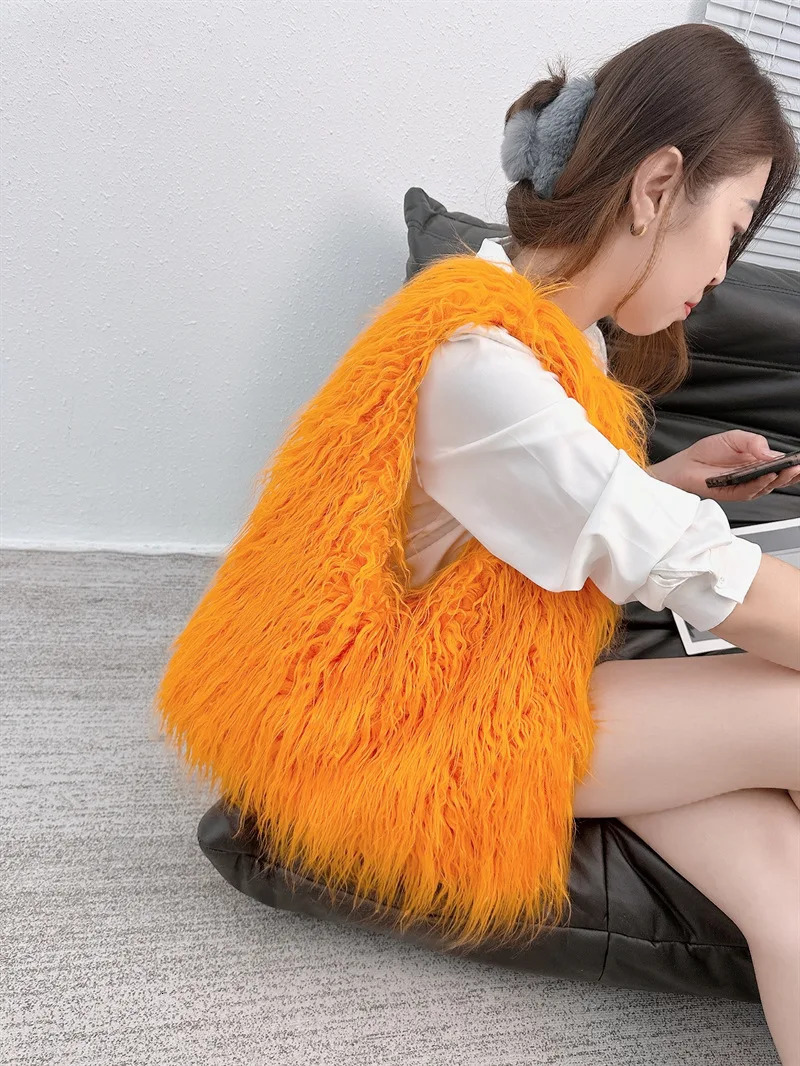 Wool Womens Plush Shoulder Bags Y2k Faux Fur Drawstring Bucket Bag Fashion Female Furry Purse Tote Handbags 241025