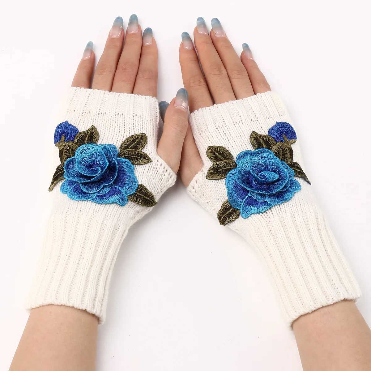 2024 Autumn Winter Womens Short Fashion Embroidered Flowers Gs Knitted Wool Sleeves Warm Finger Gloves Gs Women W241026