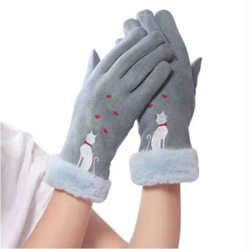 New winter women keep warm touch screen Gs driven bicycle fashionable and elegant cat embroidery cute thick suede leather W241026