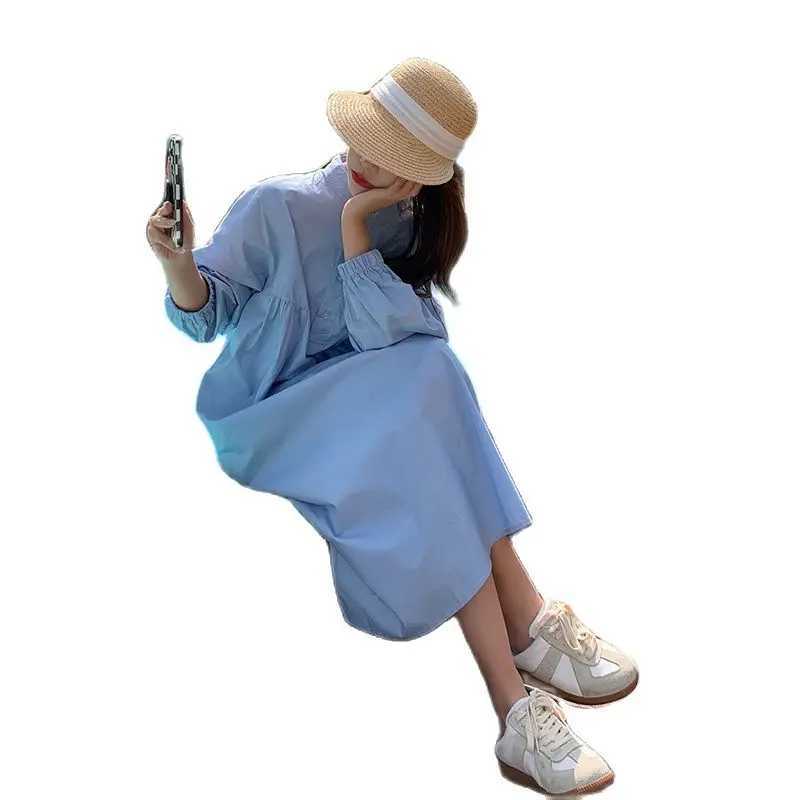 2024 Spring Pregnant Cotton Dress Denim Blue Bracket Collar Pregnant X Large Dress W241026