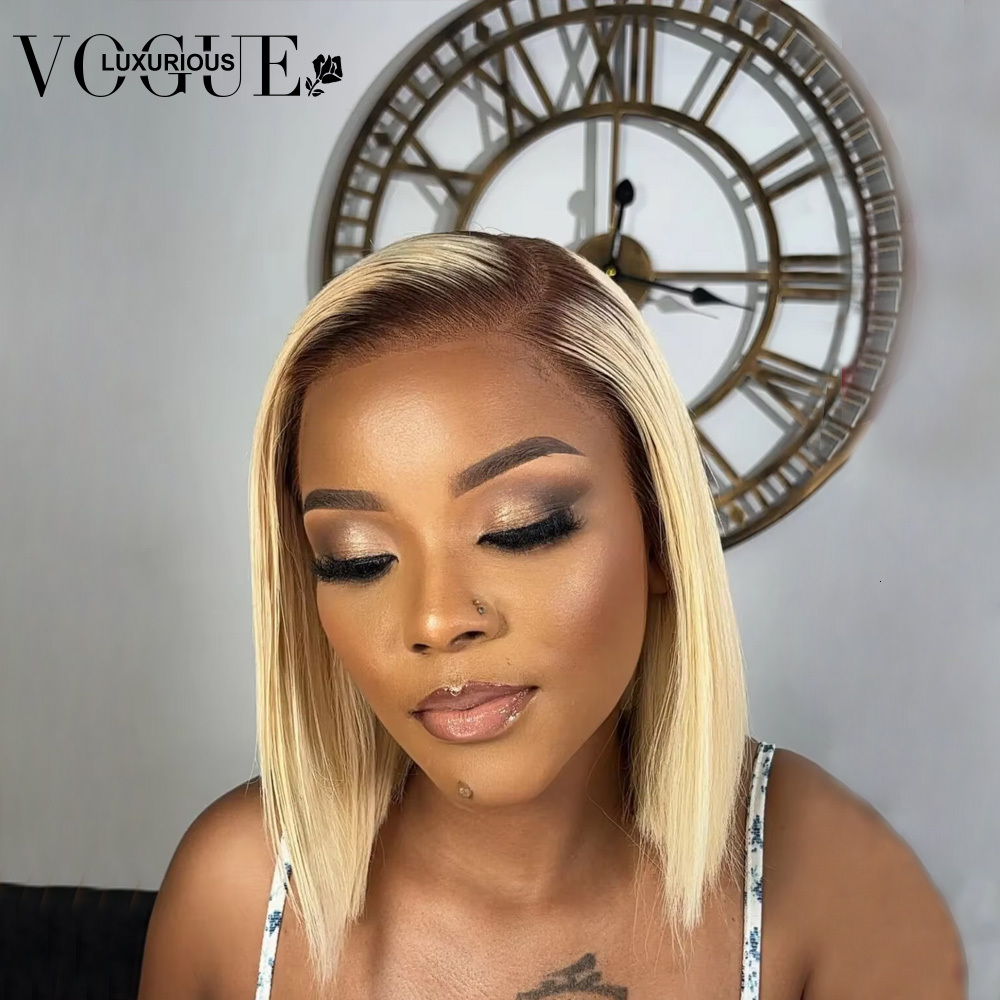 13x4 Transparent Front Human Hair Wigs Ombre Honey Blnde Colored Straight Short Bob e Cut Lace Wig Pre Plucked On Sale