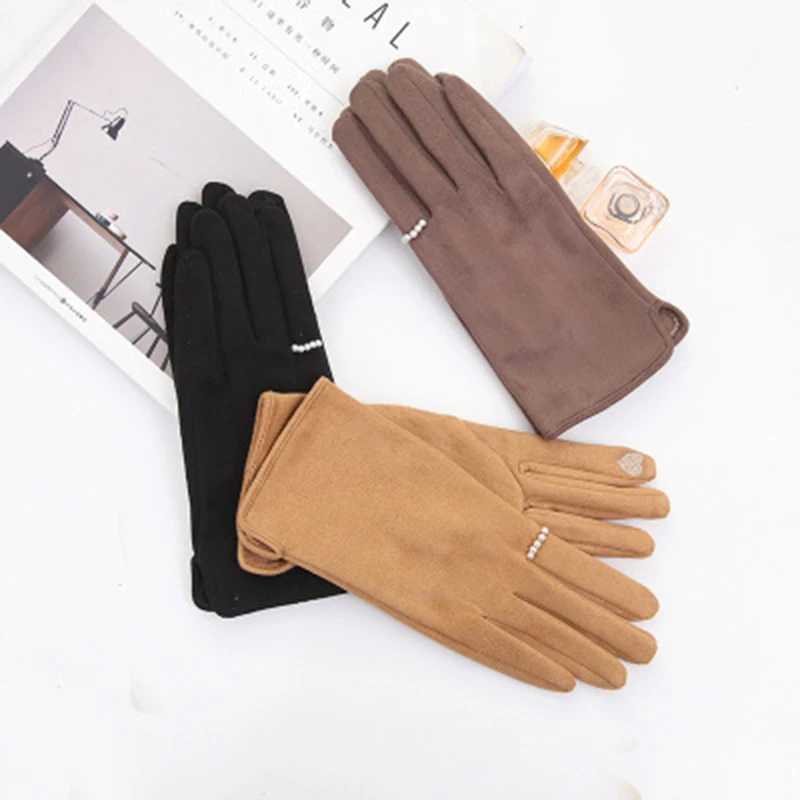 Womens Winter Plus Velvet Thick Warm Touch Screen Gs Elegant Pearl Suede Windproof Full Finger Bicycle Driving Gs K43 W241026