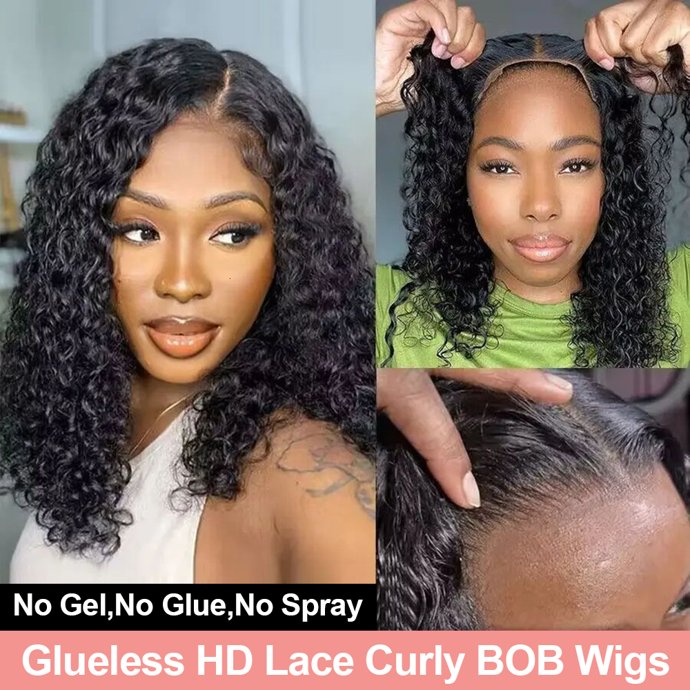 13x4 Glueless Short Bob Kinky Curly Human Hair Wigs for Black Women PrePlucked Transparent Deep Wave Frontal Wig Brazilian