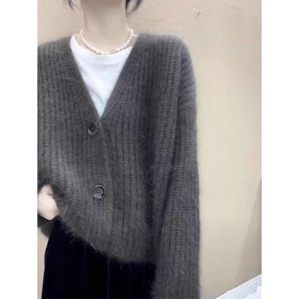It's So Chic Temperament V-Neck 100% Pure Cashmere Knitted Cardigan Women's Spring And Autumn Korean Version Wool Base Coat