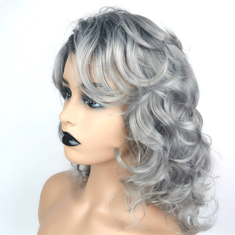 Wig for women with side-parted long curly hair cosplay gray dyed full headpiece wigs human hair