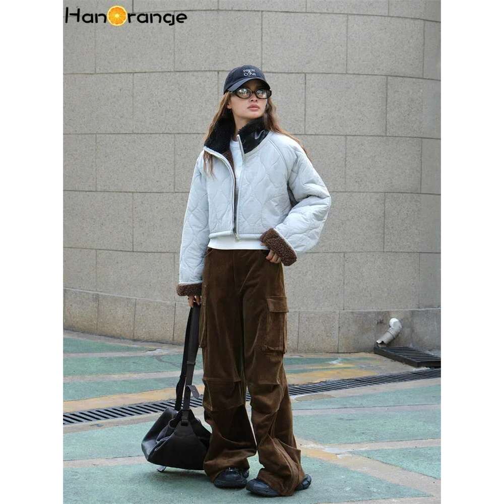 Hanorange 2024 Autumn Winter Fashion Stand Collar Quilted Cotton Women Silhouette Warm Short Jacket Light Gray/Gray Green