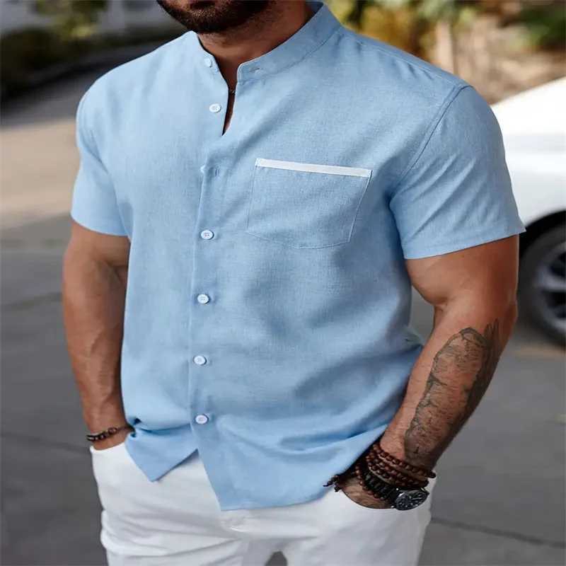 Mens solid color shirt daily short sleeved V-neck button fashionable design casual comfortable breathable W241026