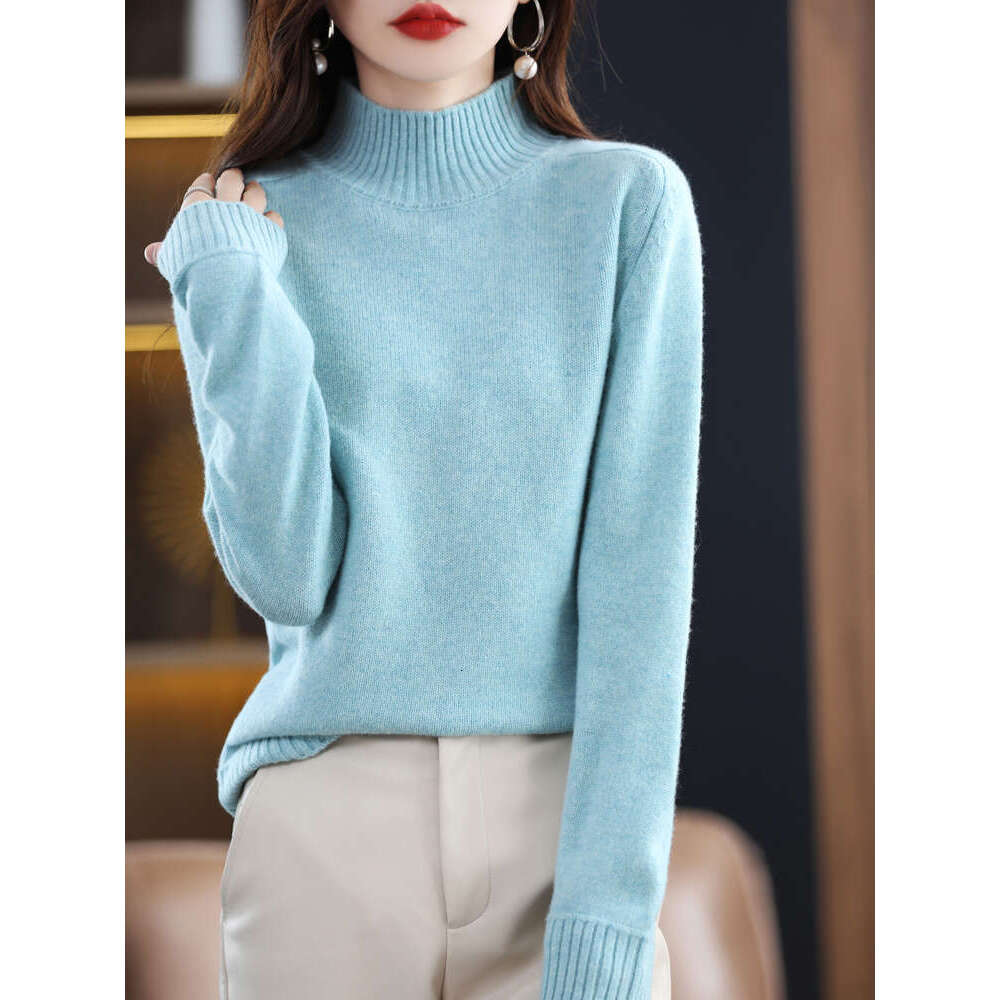 100% Merino Wool Pullover Sweater Women Mock Neck Basic Long Sleeve Autumn Winter Cashmere Knitted Jumper Korean Fashion Tops