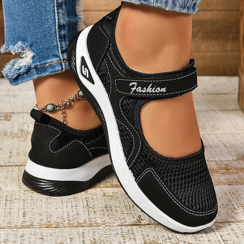 2024 Autumn Womens Shoes Hook and Loop Breathable Mesh Flat Sports Shoes Soft and Wear Resistant Inkless Running Shoes 241024