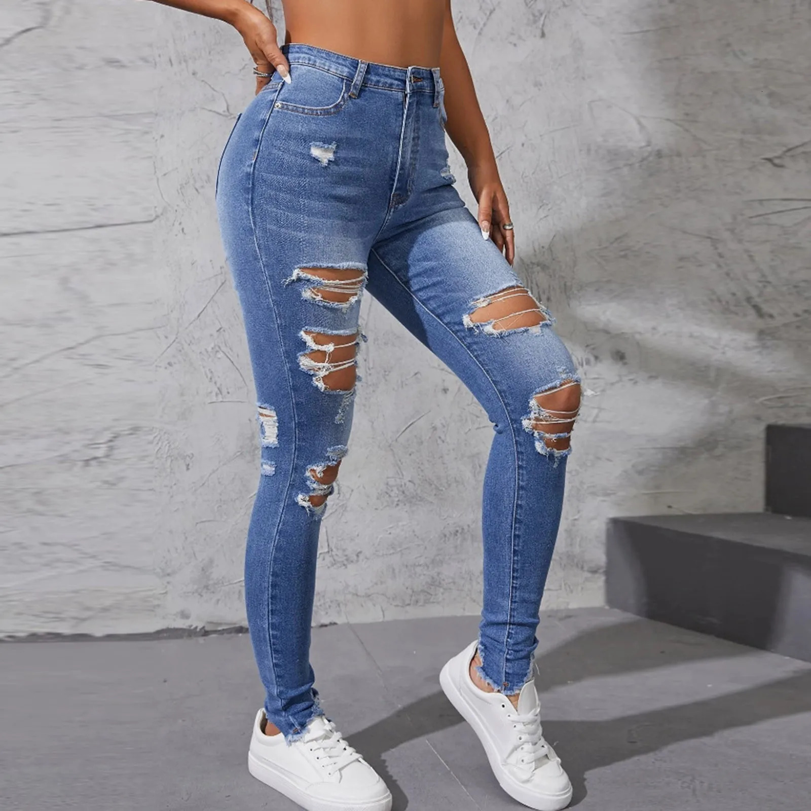 Womens Hole Jeans 2024 Ripped Skinny Pants For Women Raise Tail Push Up High Waist Denim Trousers 241025