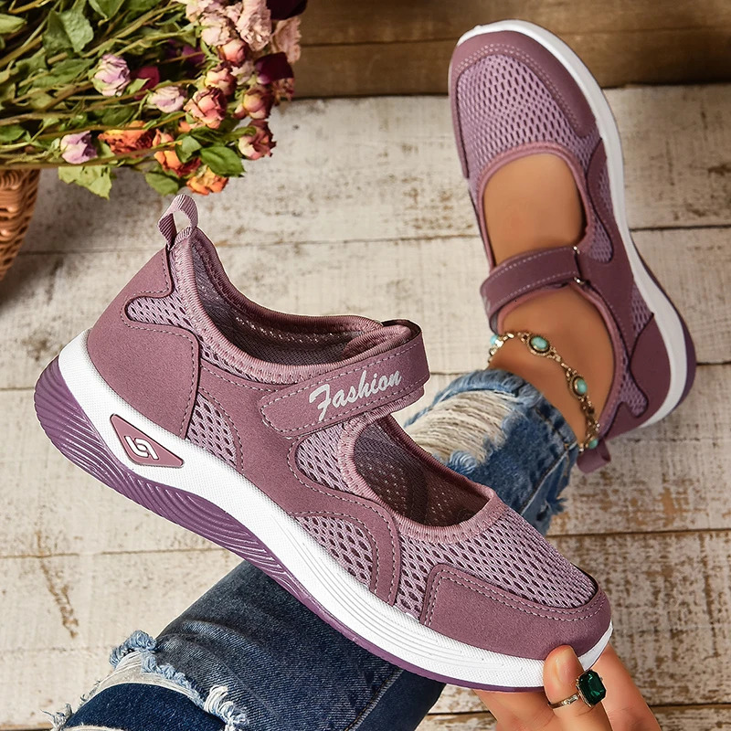 2024 Autumn Womens Shoes Hook and Loop Breathable Mesh Flat Sports Shoes Soft and Wear Resistant Inkless Running Shoes 241024