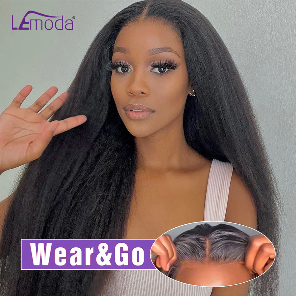 7x5 Glueless Kinky Straight Human Hair Wear Go Pre-bleached Ready to go Front Wig Pre-cut Lace Preplucked Wigs 12A