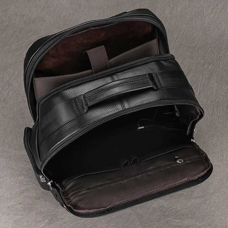Double Layer Leather backpack For Men Large Capacity Travel Bag Business Computer Bag with USB Charging Laptop BackpacksXJ241026