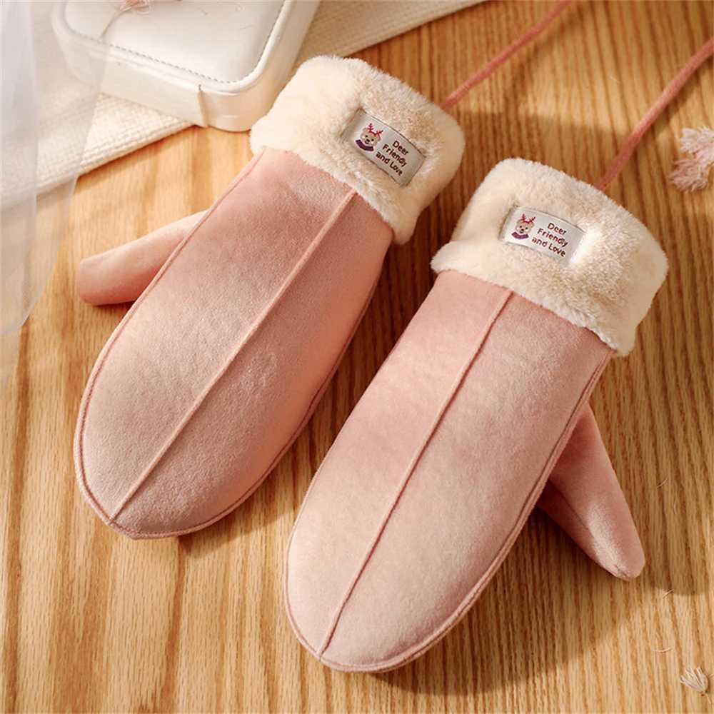 Womens suede plush hanging collar Gs winter warmth Gs outdoor skiing refrigeration student gloves Christmas gift W241026
