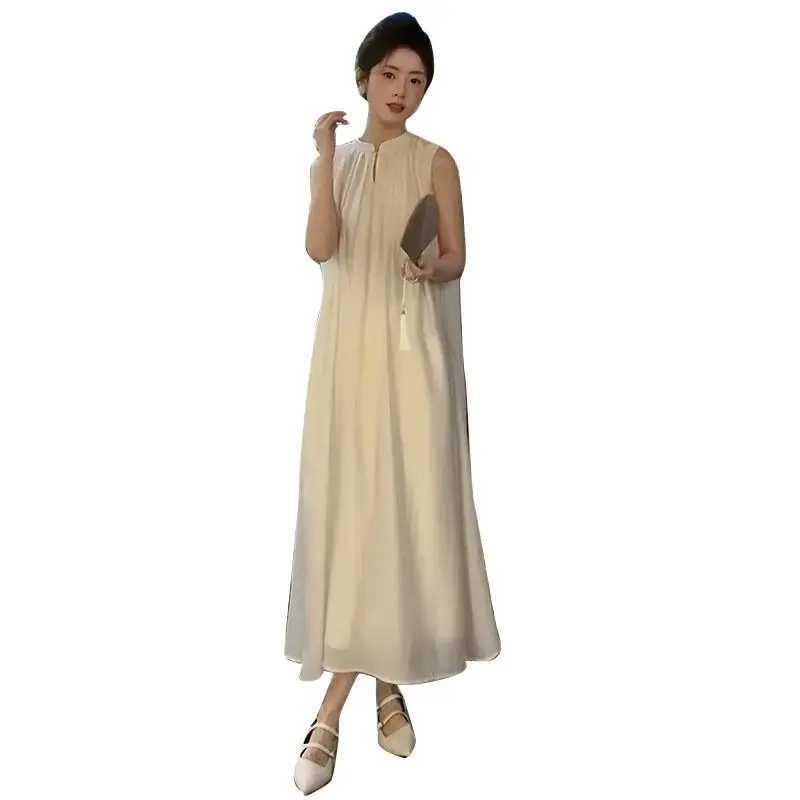 Summer 2024 maternity dress sleeveless Chinese style elegant pleated long dress loose maternity party dress bow W241026