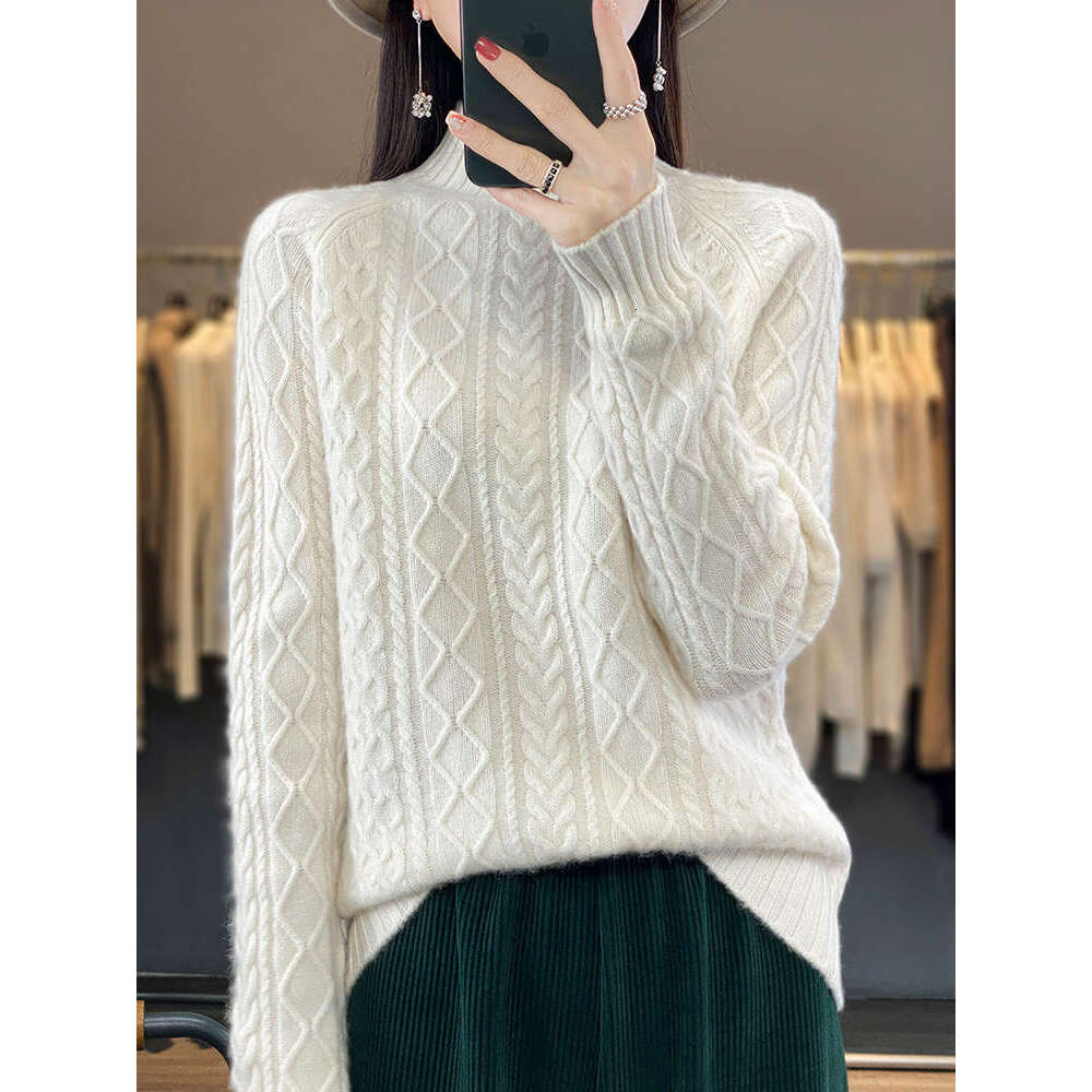 Women Sweater Twist Wer Mock Neck Pullover Autumn Winter 100% Merino Wool Basic Long Sleeve Cashmere Knitwear Fashion