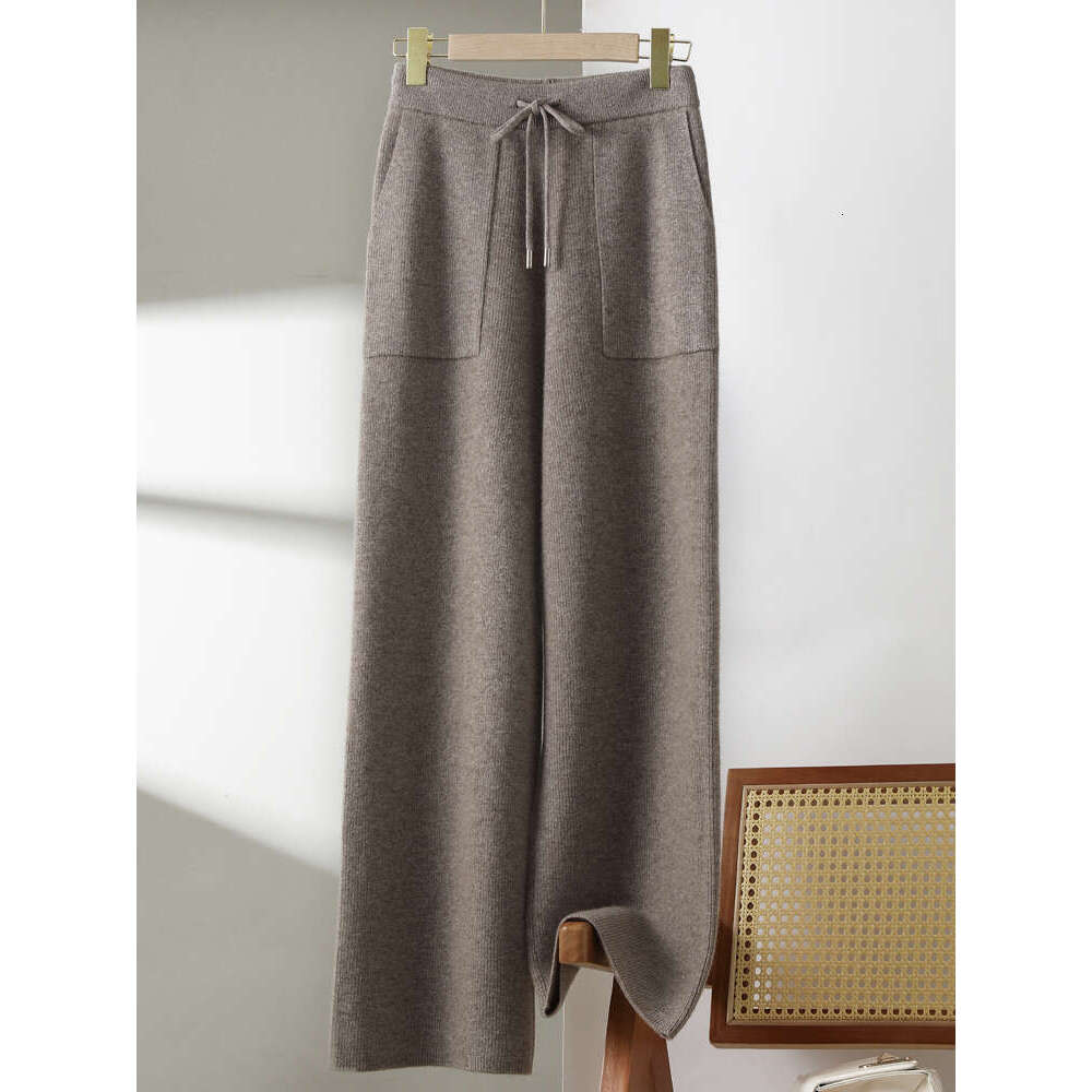 Autumn Winter New 100% Pure Wool Wide Leg Ladies Thicken Pocket Straight Pants Casual High Waist Warm Knit Trousers Female