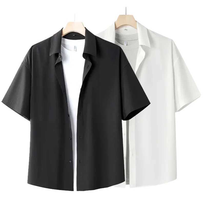 Mens summer shirt Korean fashion oversized smooth short slip shirt in black and white W241026