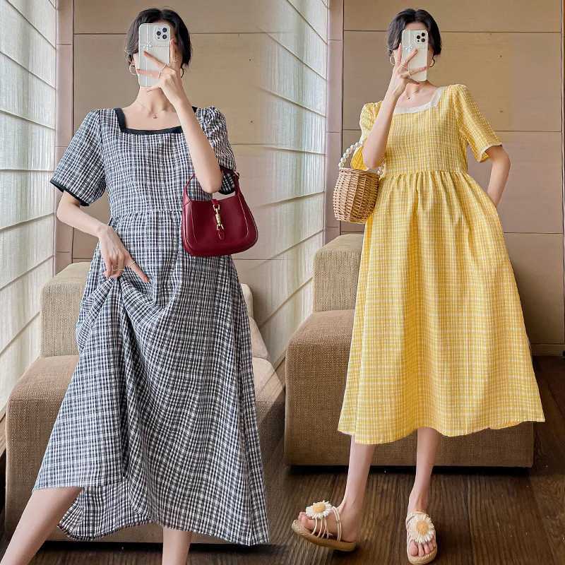 Korean summer long loose pregnant women A-line dress short sleeved square neckline pregnant women plain weave dress pregnant women dress W241026