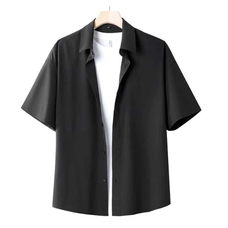 Mens summer shirt Korean fashion oversized smooth short slip shirt in black and white W241026