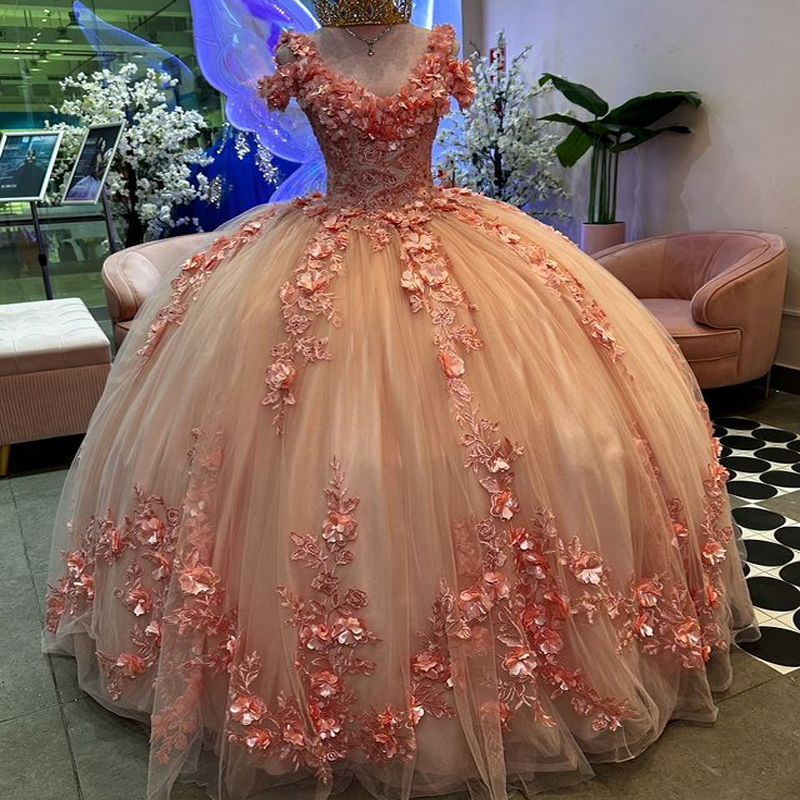 Pink Quinceanera Dresses Ball Gown Sweet 16 Dress Off The Shoulder Applique 3D Flowers Vestidos 15 De XV Anos Beads Birthday Party Dress