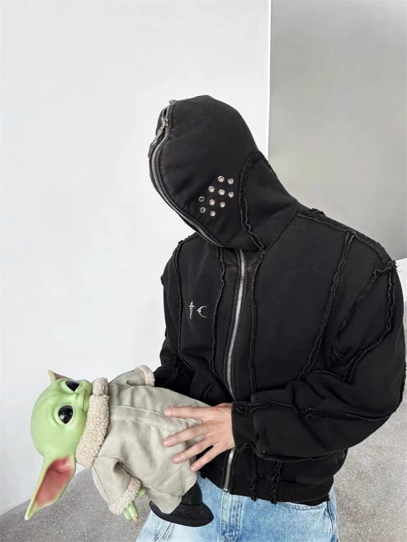 Y2K THUG CLUB VIBE Wash Wax Dyed Zipper Shark Masked Hoodie Short hoodie Mens Fashion Casual Loose Top High Street Korean Style 241025