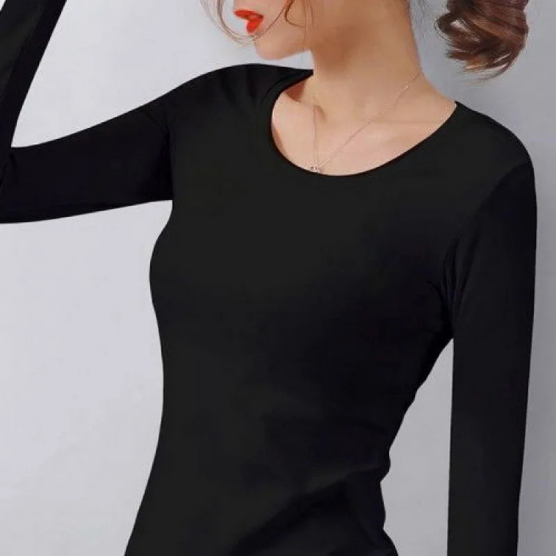 OV Neck Long Sleeve Tops Women Autumn Winter Bottoming Shirt Black White Casual Basic Slim Velvet Thermal T-Shirts 2024 241025